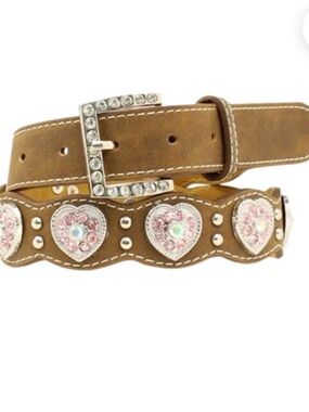 Nacona GIRLS BROWN BELT WITH 11 HEART CONCHOS AND PINK RHINESTONES